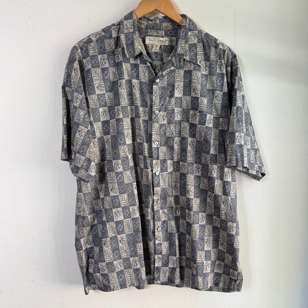 Tori Richard Honolulu Hawaiian Shirt Geometric Floral Gray Large Excellent